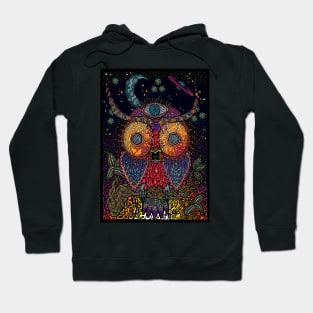 PSYCHEDELIC TRIPPY HORROR VACUI OWL ON BRANCH - full colour Hoodie